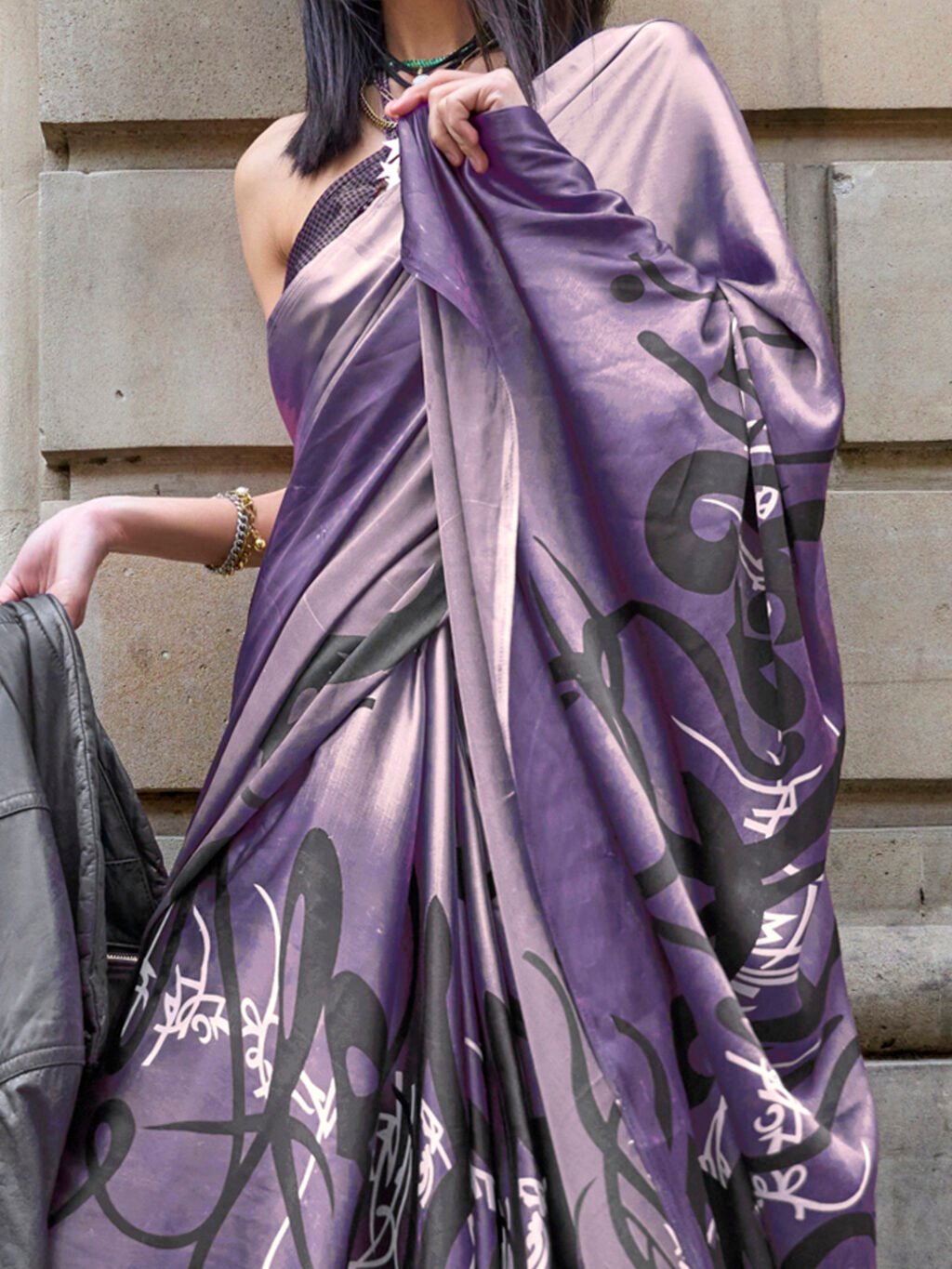 Purple Satin Saree - Image 3