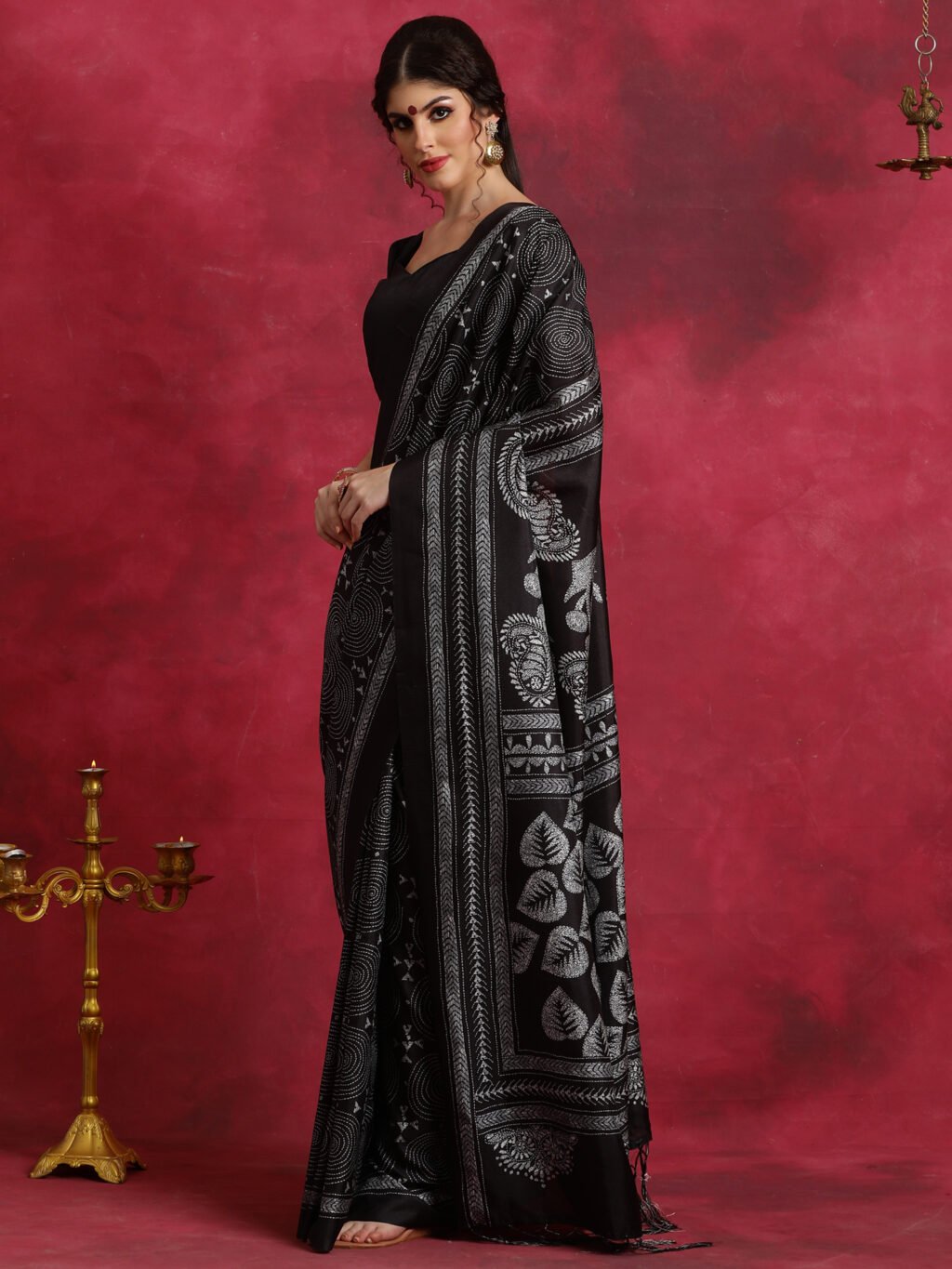 Black Printed Manipuri Silk Saree - Image 3