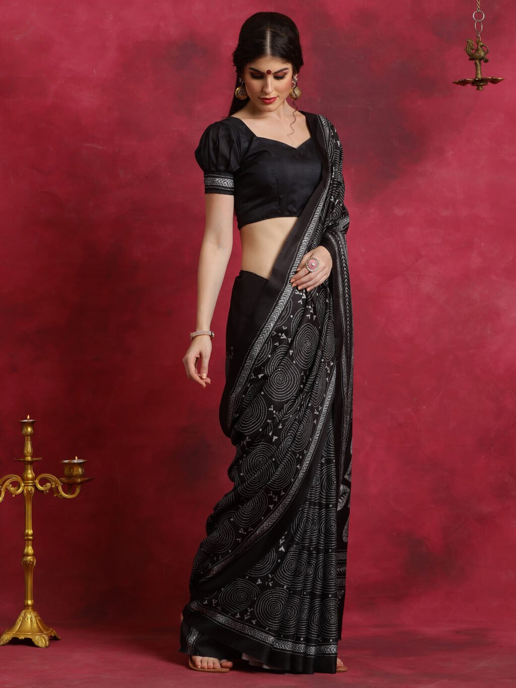 Black Printed Manipuri Silk Saree - Image 4