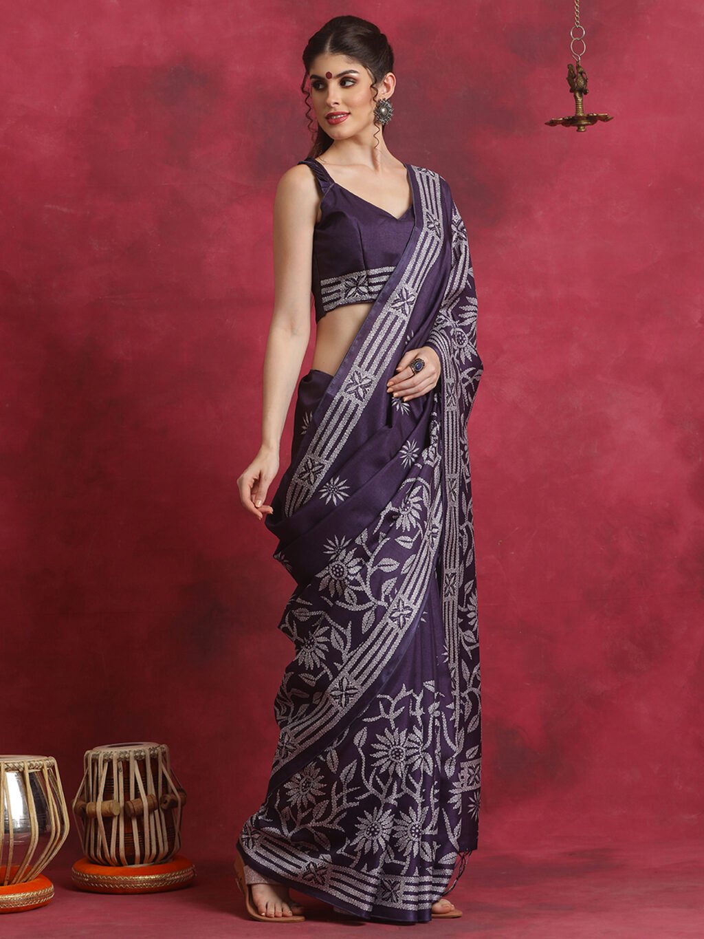 Plum Purple Printed Manipuri Silk Saree - Image 4