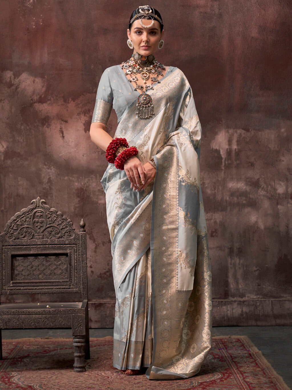Image of Grey Silk Saree