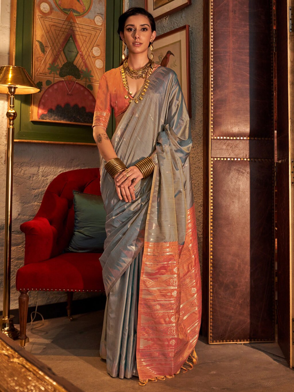 Image of Grey Silk Saree