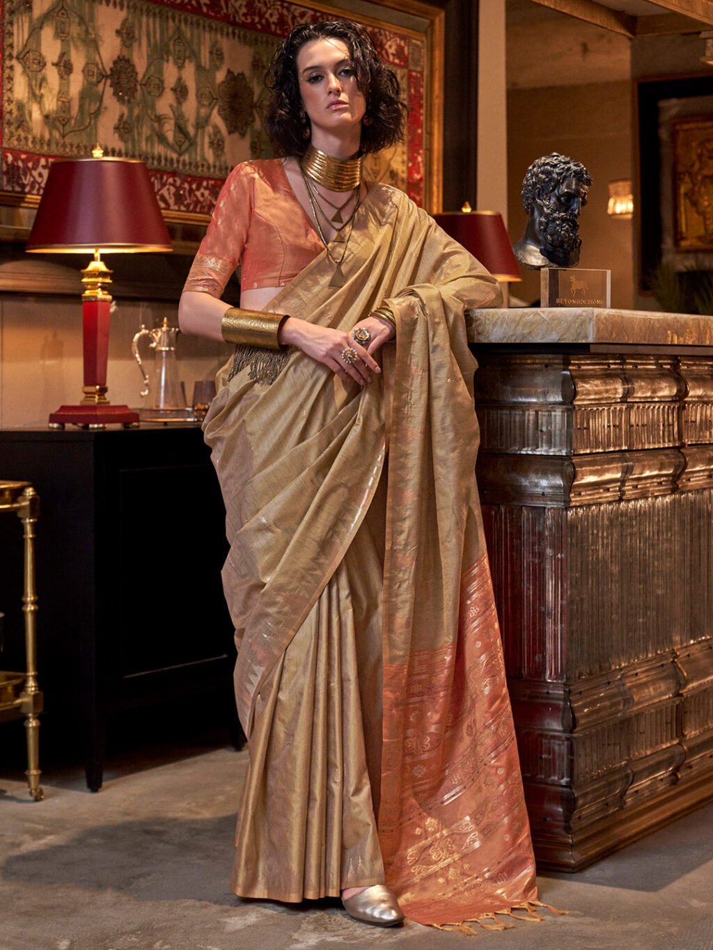 Image of Beige Silk Saree
