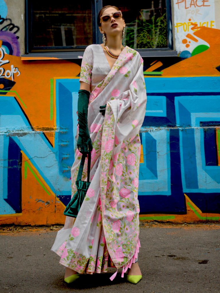 Image of Grey Cotton Saree