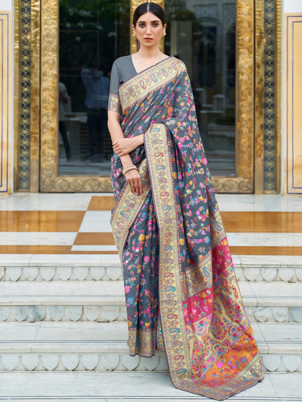 Image of Grey Silk Saree
