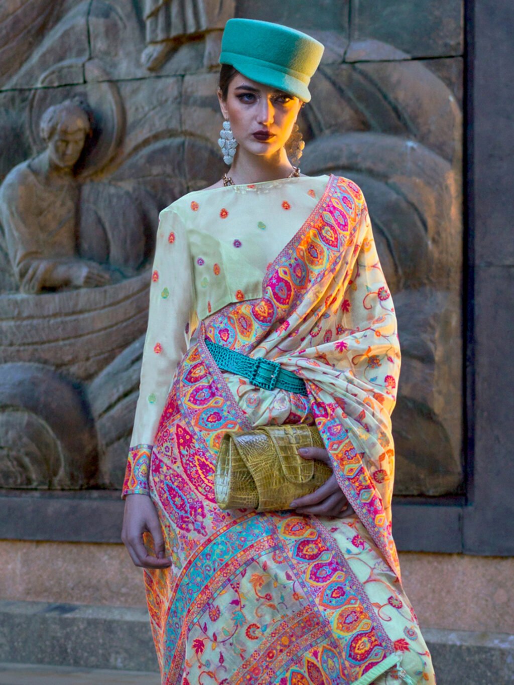 Iris Blue Kashmiri Organza Silk Saree - Image 3