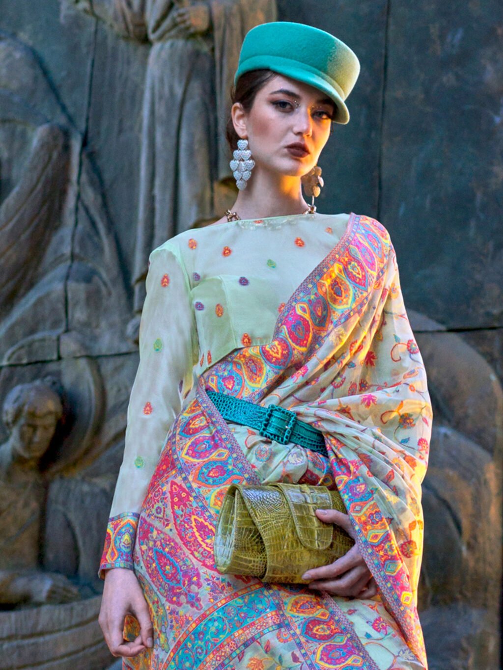 Iris Blue Kashmiri Organza Silk Saree - Image 4