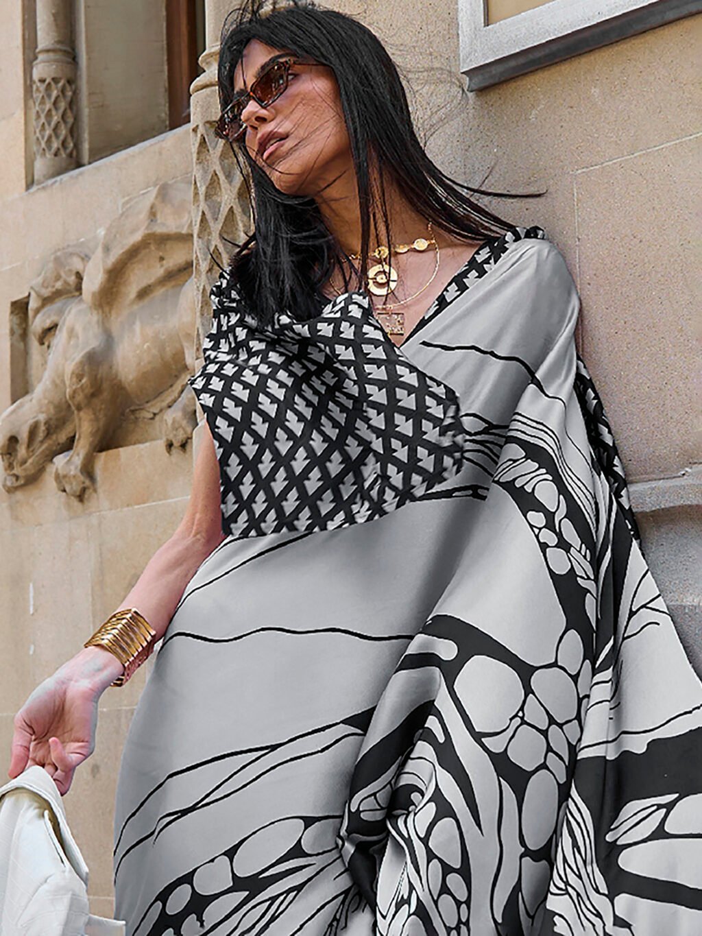 Grey and Black Satin Crepe Digital Printed Saree - Image 3