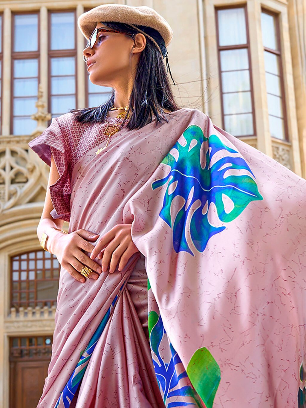 Peach and Blue Satin Crepe Digital Printed Saree - Image 3