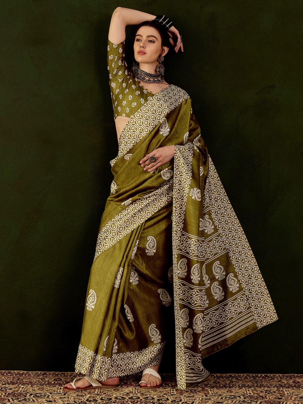 Olive Cotton Saree - Image 3