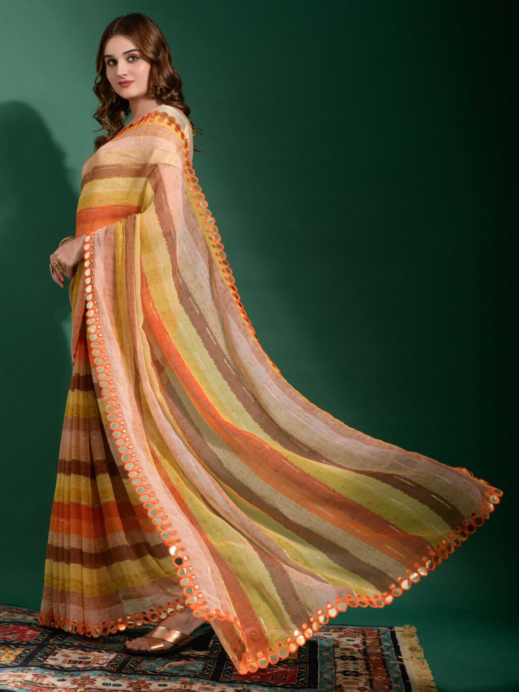 Yellow and Multicolor Stripped Chiffon Saree - Image 3