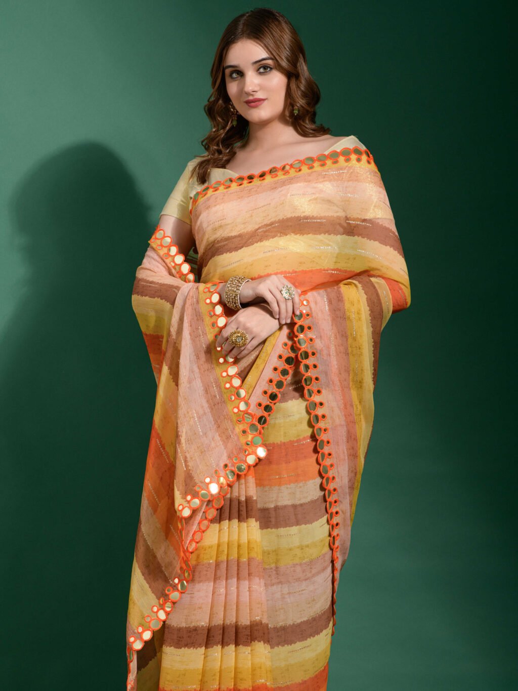 Yellow and Multicolor Stripped Chiffon Saree - Image 4