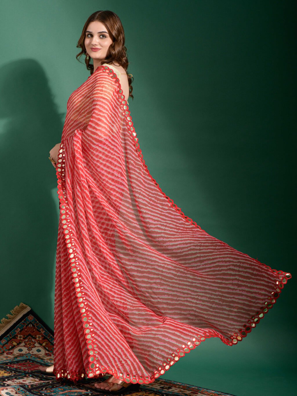 Golden and Red Chiffon Saree - Image 3