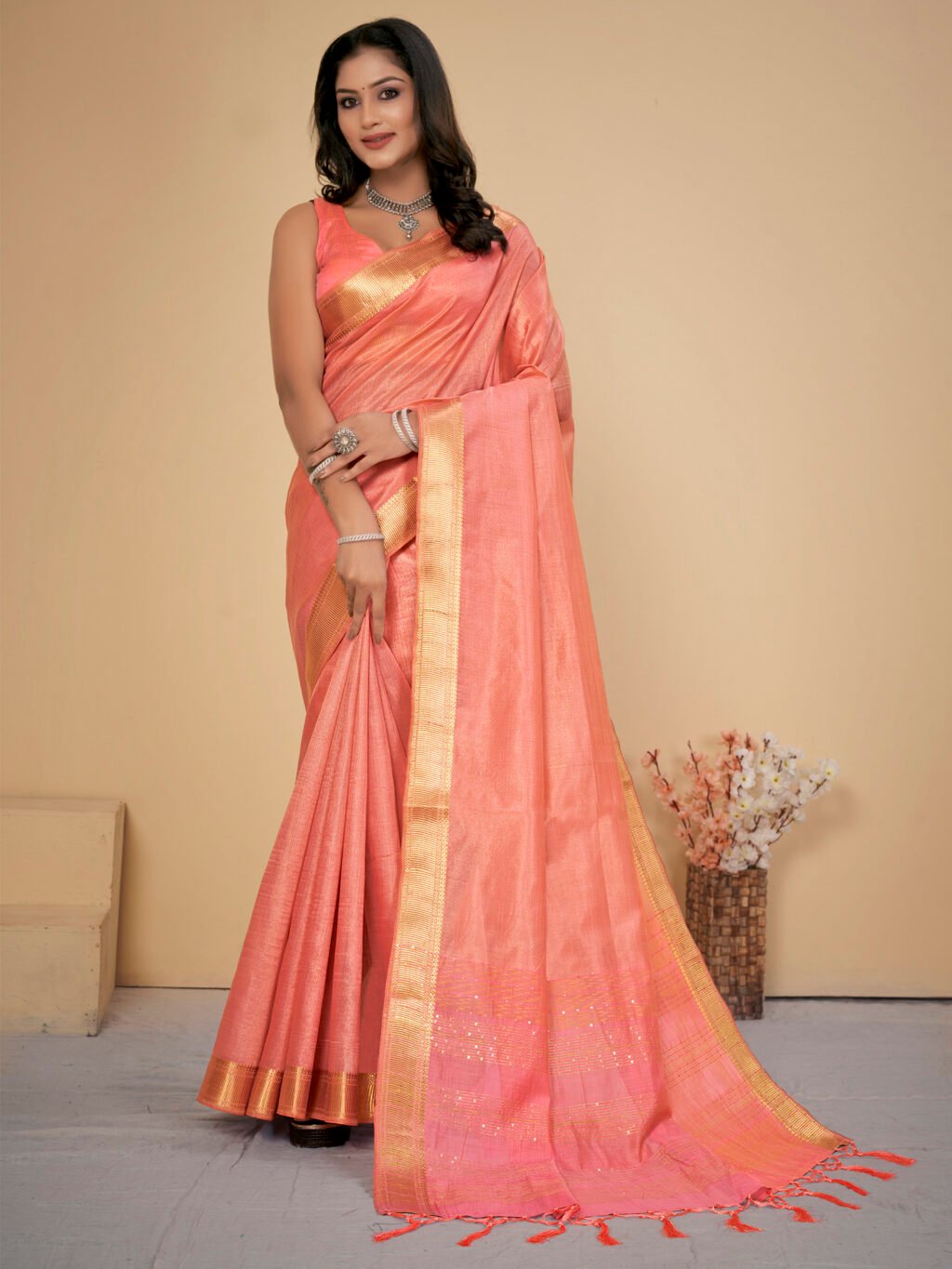 Image of Peach Silk Saree Cotton Saree