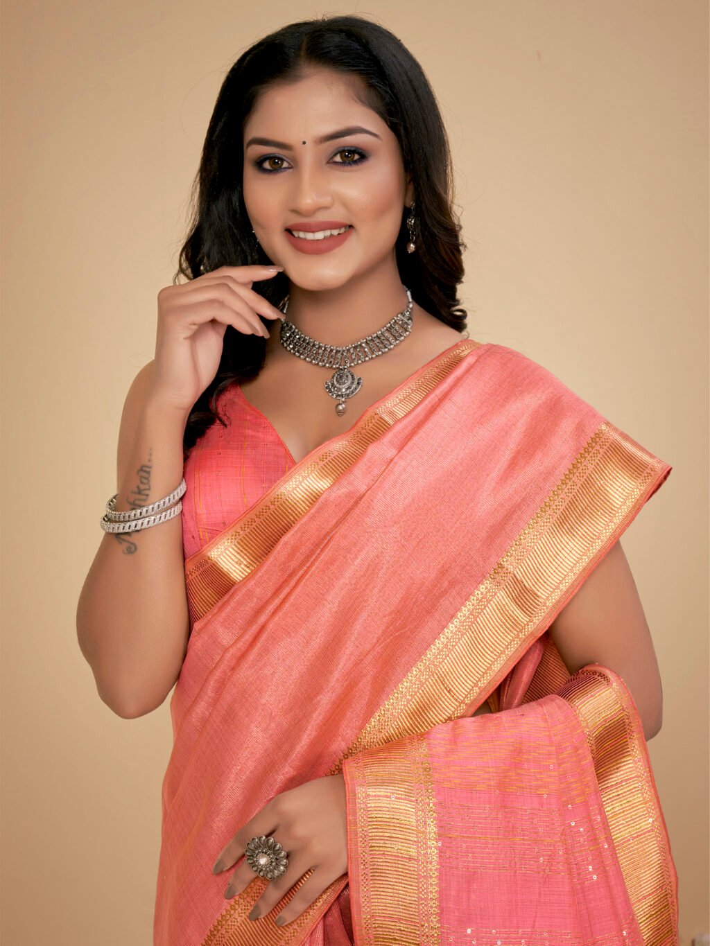 Peach Silk Saree Cotton Saree - Image 4