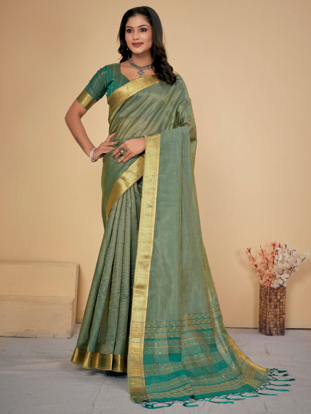 Image of Sea Green Silk Saree Cotton Saree