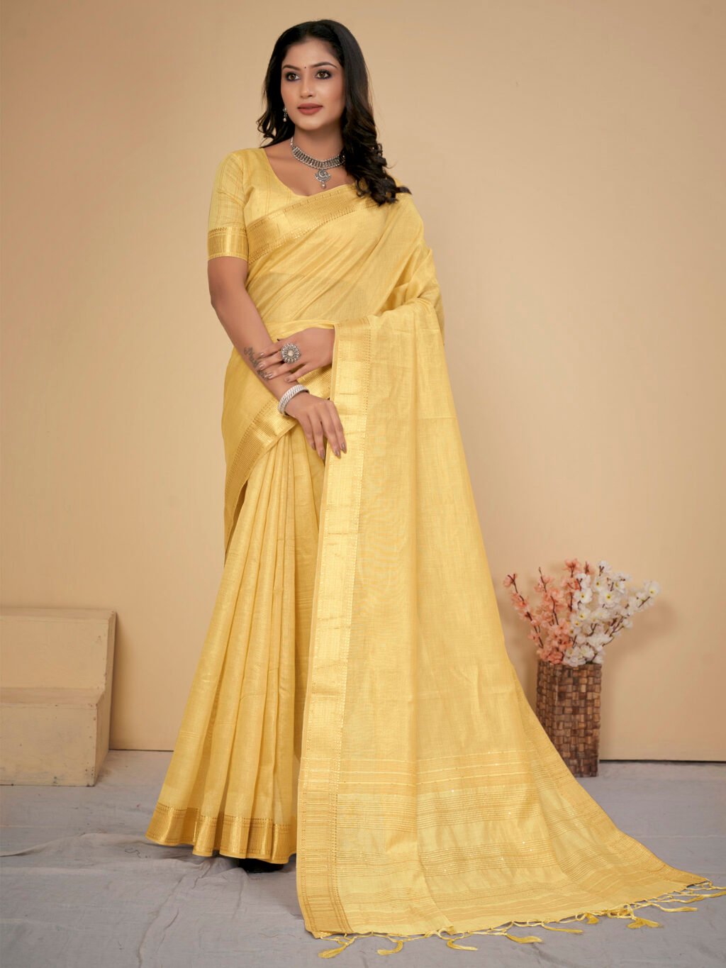 Image of Yellow Silk Saree Cotton Saree