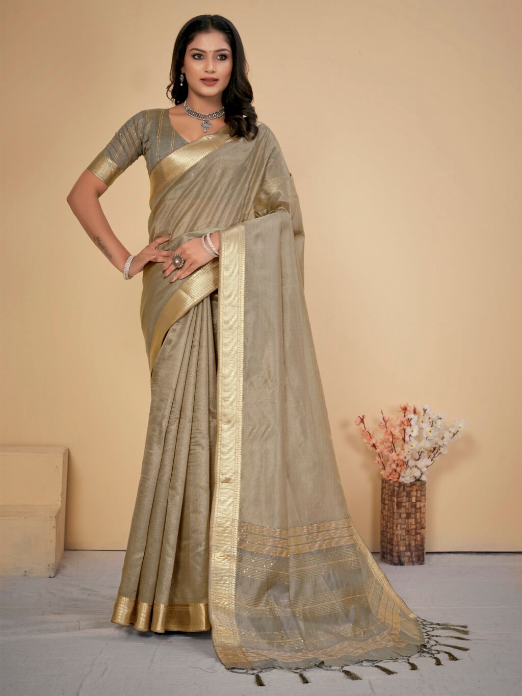 Image of Grey Silk Saree Cotton Saree
