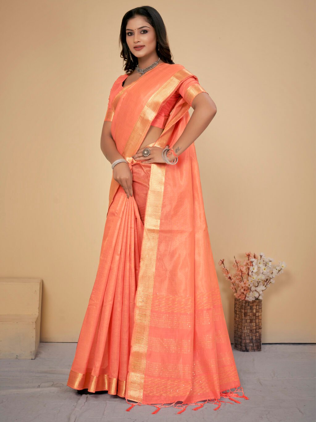 Peach Silk Saree Cotton Saree - Image 3
