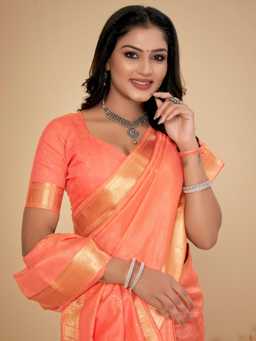 Peach Silk Saree Cotton Saree - Image 4