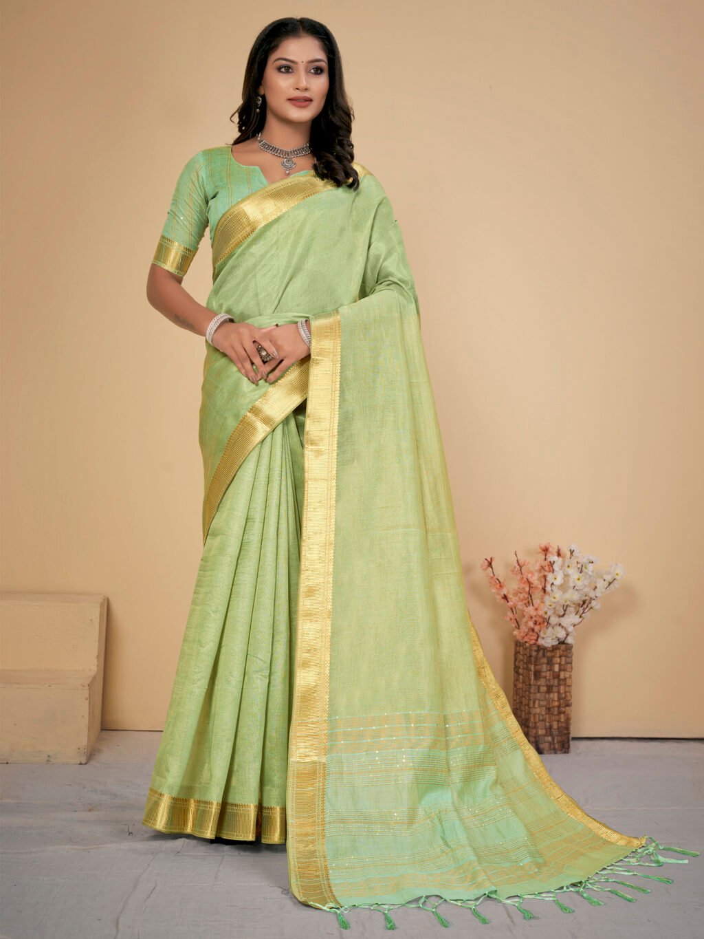 Image of Light Green Silk Saree Cotton Saree