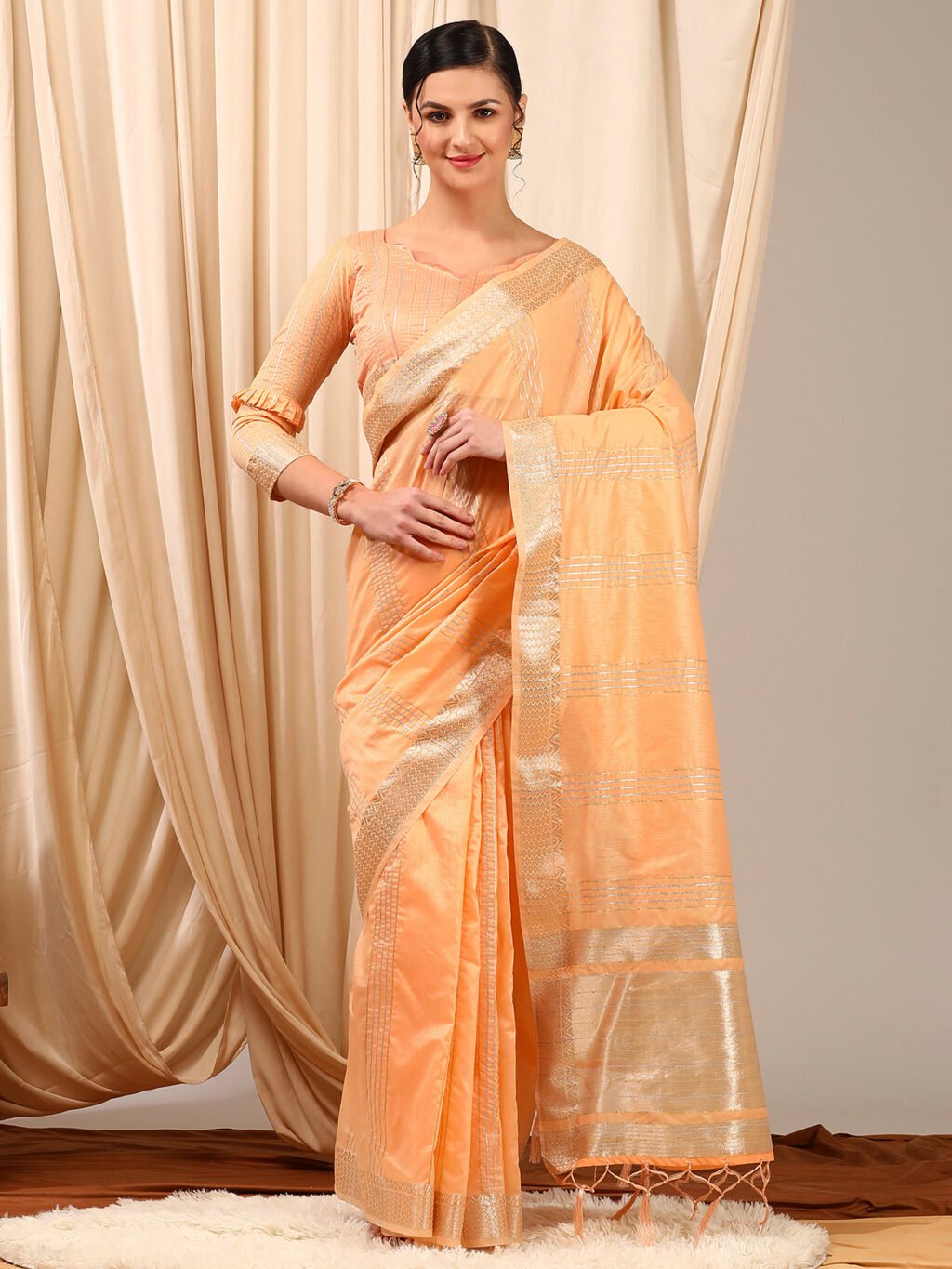 Image of Peach Linen Saree