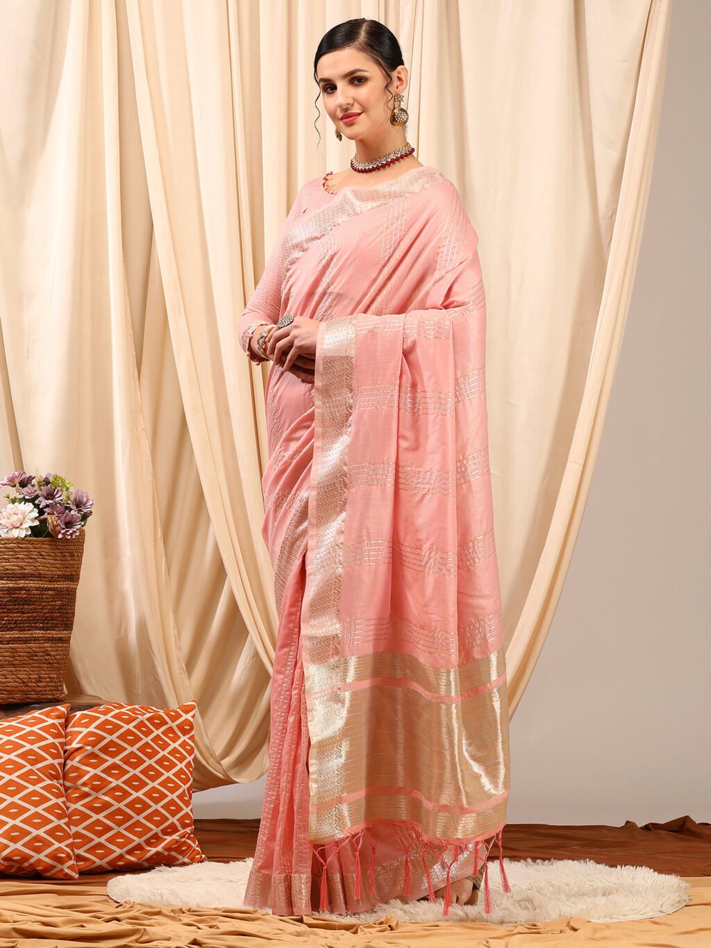 Blush Pink Soft Linen Silk Saree - Image 3
