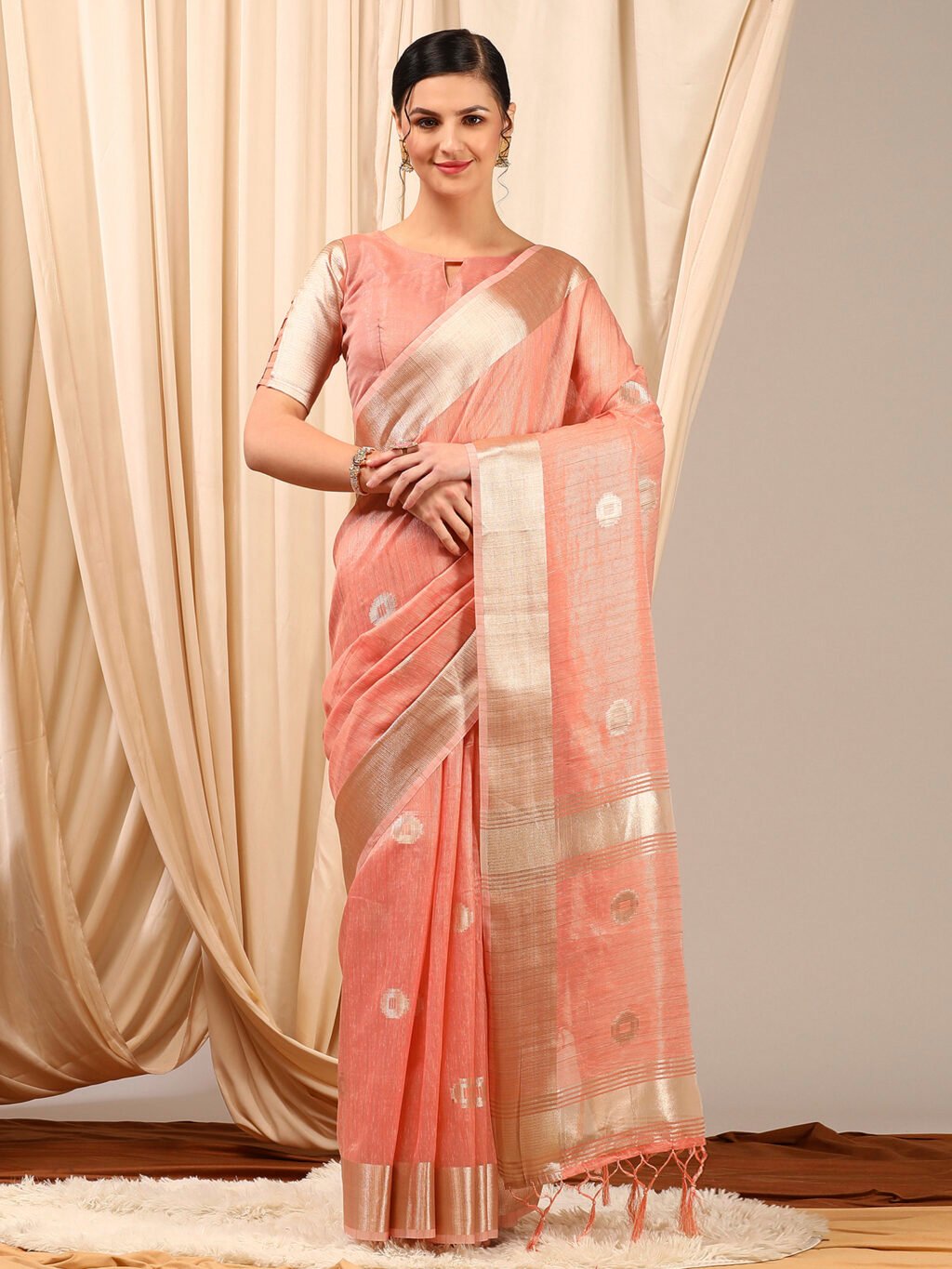 Image of Peach Linen Saree