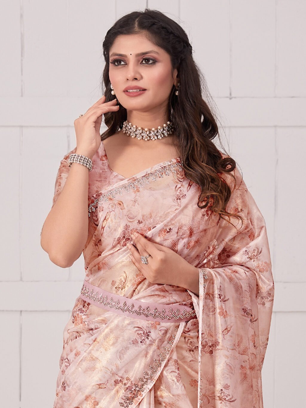Peach Pink Festive wear Organza Saree - Image 3