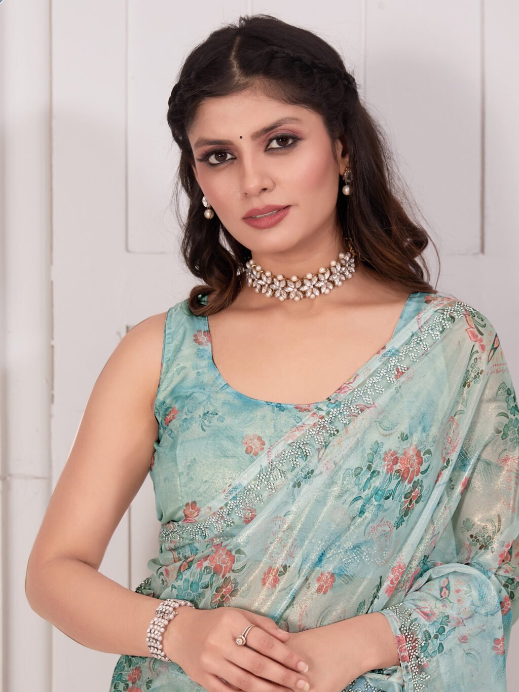 Light Blue Festive wear Organza Saree - Image 4
