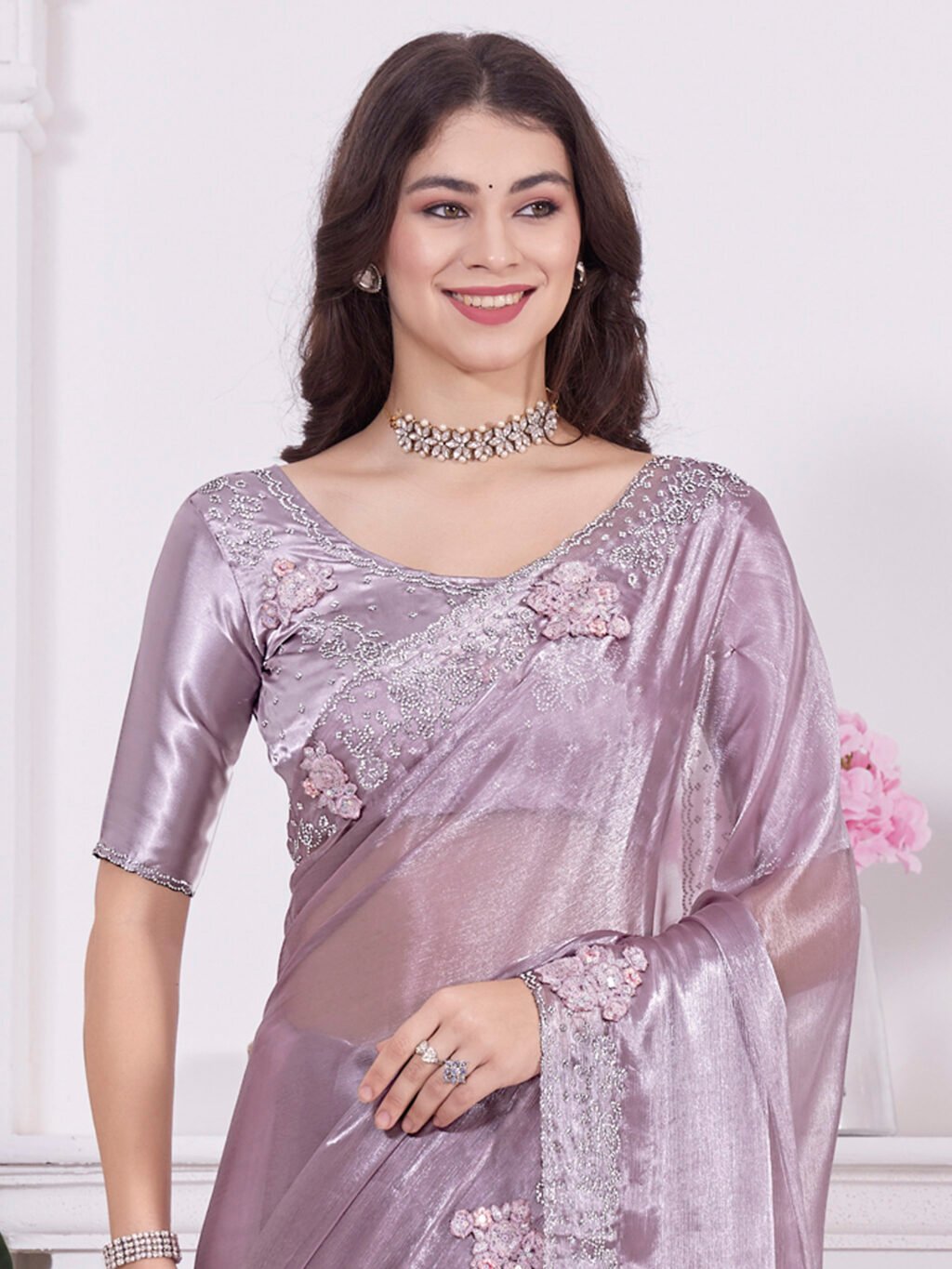Lavender Purple Partywear Organza Saree - Image 3