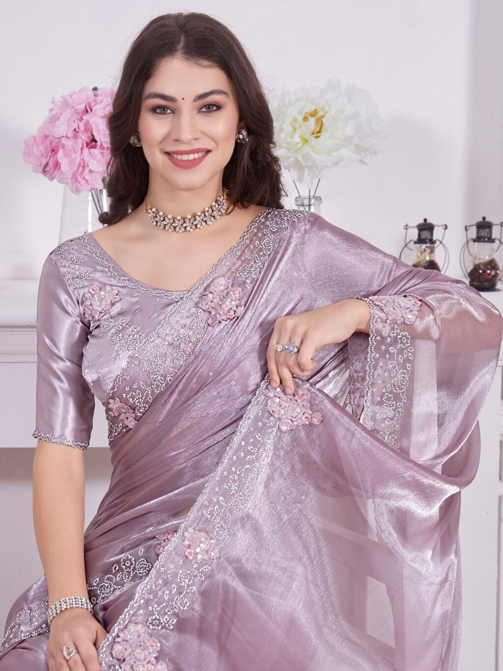 Lavender Purple Partywear Organza Saree - Image 4