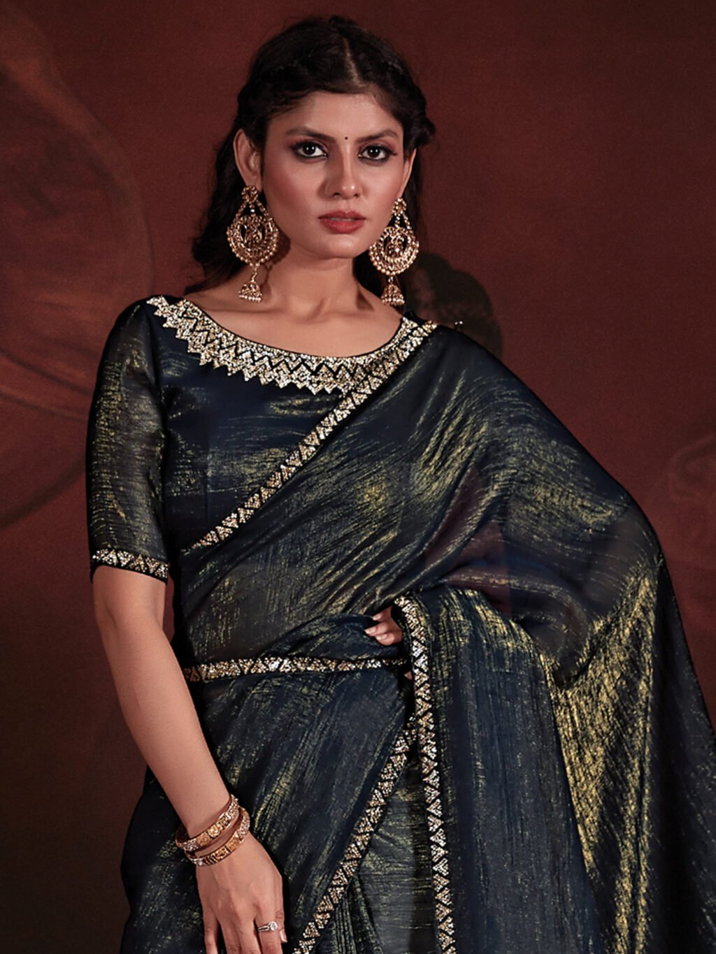Teal Blue Designer Viscose Silk Saree - Image 3