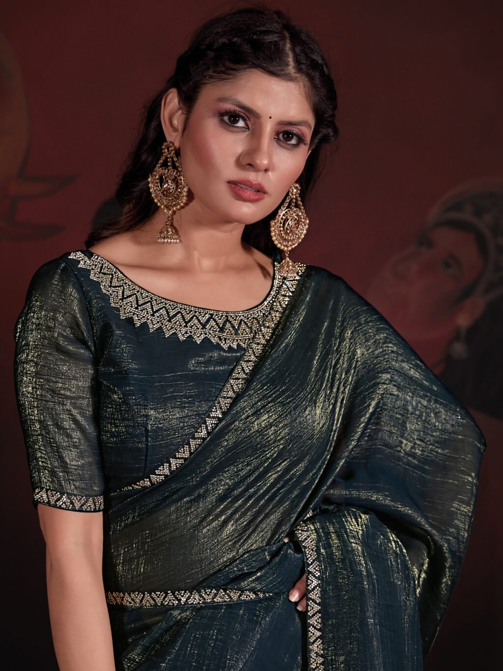 Teal Blue Designer Viscose Silk Saree - Image 4