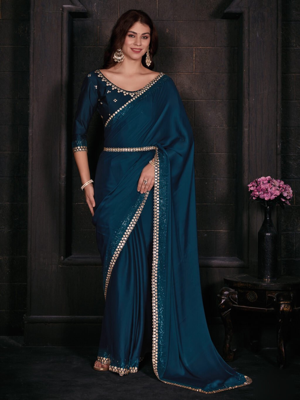 Image of Teal Blue Silk Saree