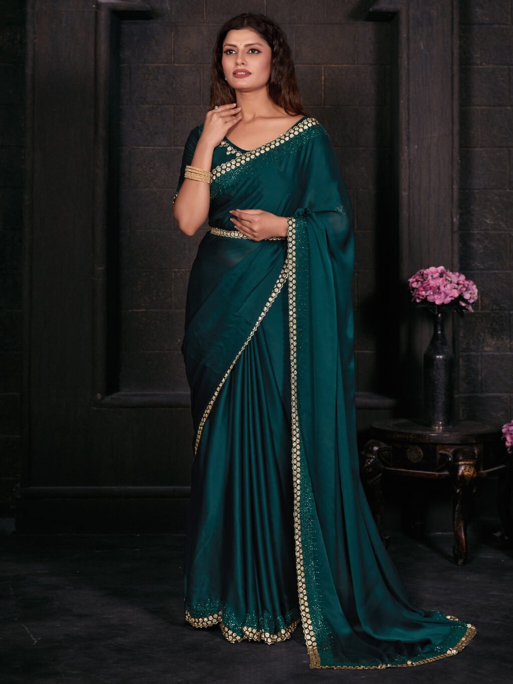 Image of Teal Green Silk Saree