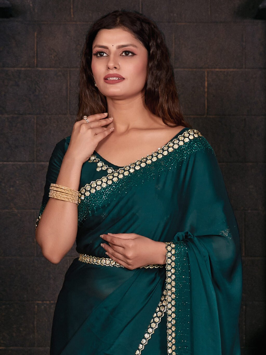 Teal Green Designer Satin Silk Saree - Image 3