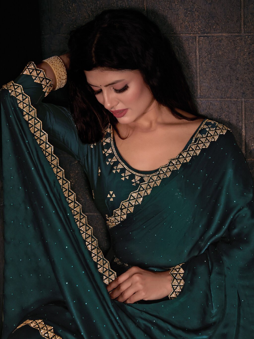 Ethnic Teal Green Satin Silk Saree - Image 4