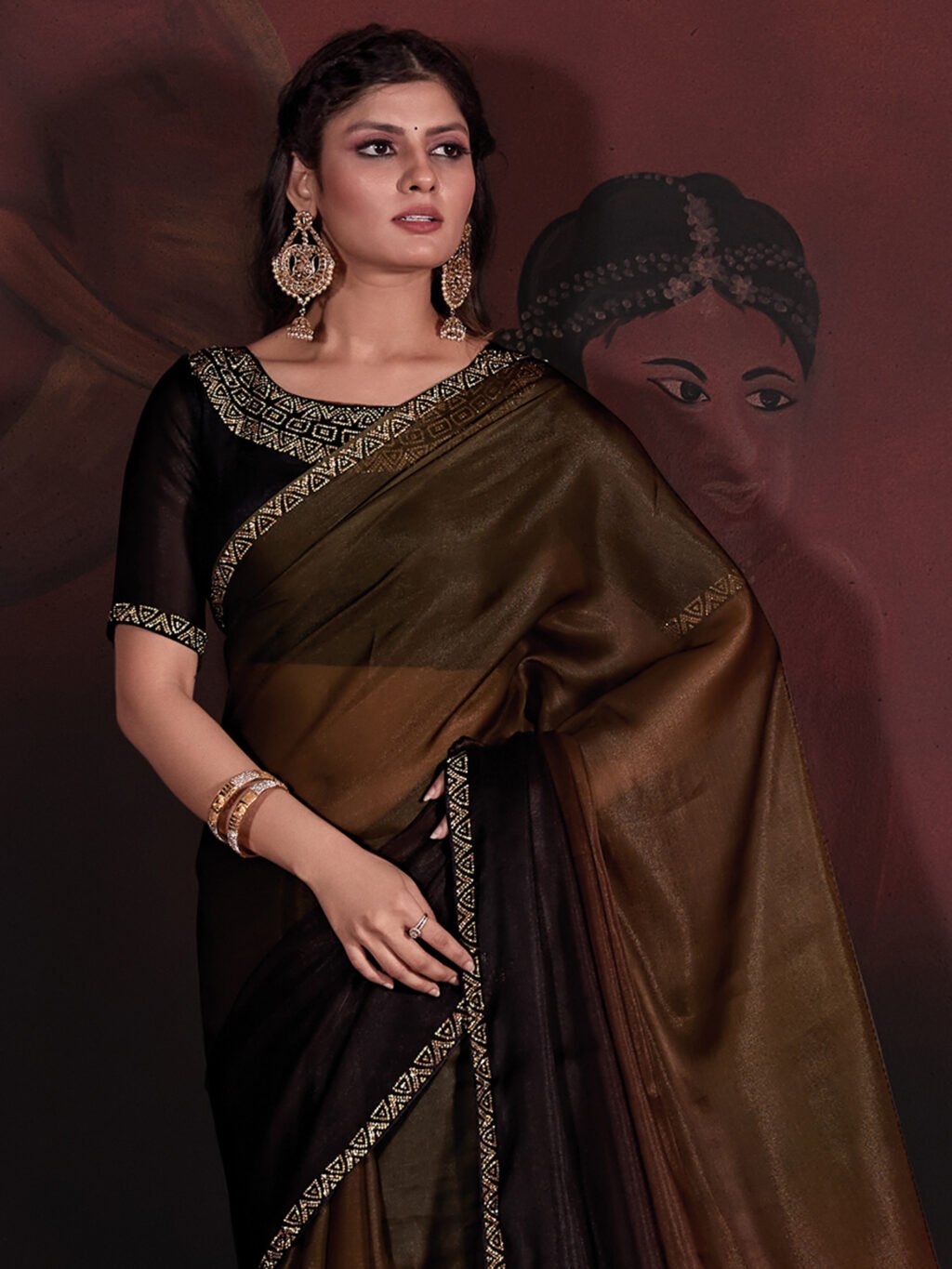 Ethnic Brown Partywear Organza Saree - Image 3