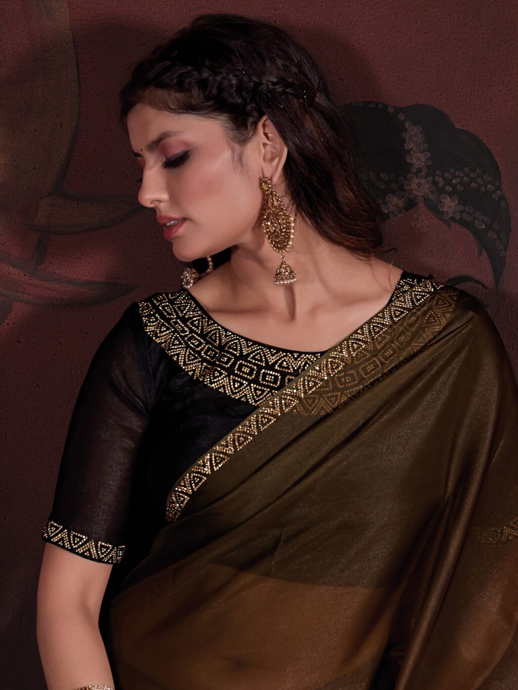 Ethnic Brown Partywear Organza Saree - Image 4