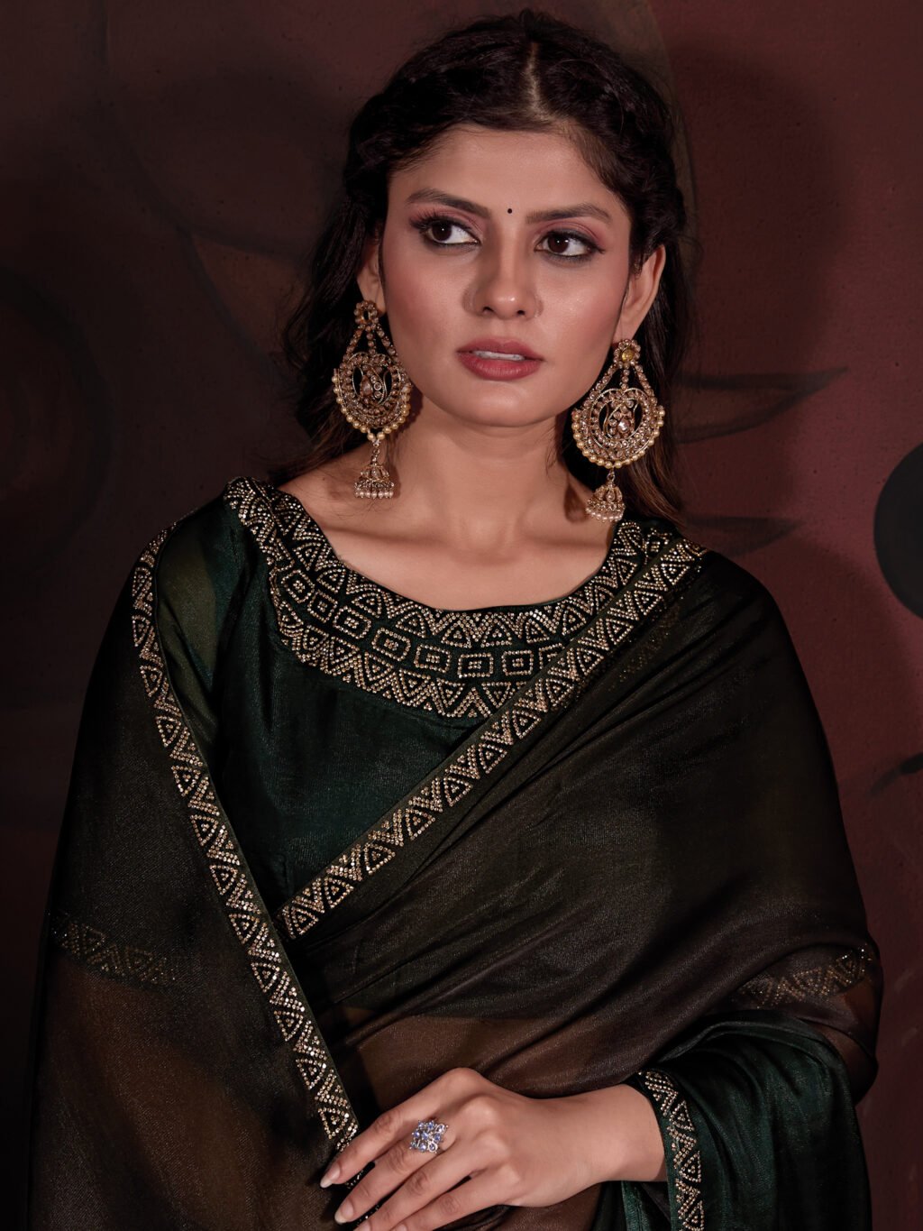 Dark Green Partywear Organza Saree - Image 4