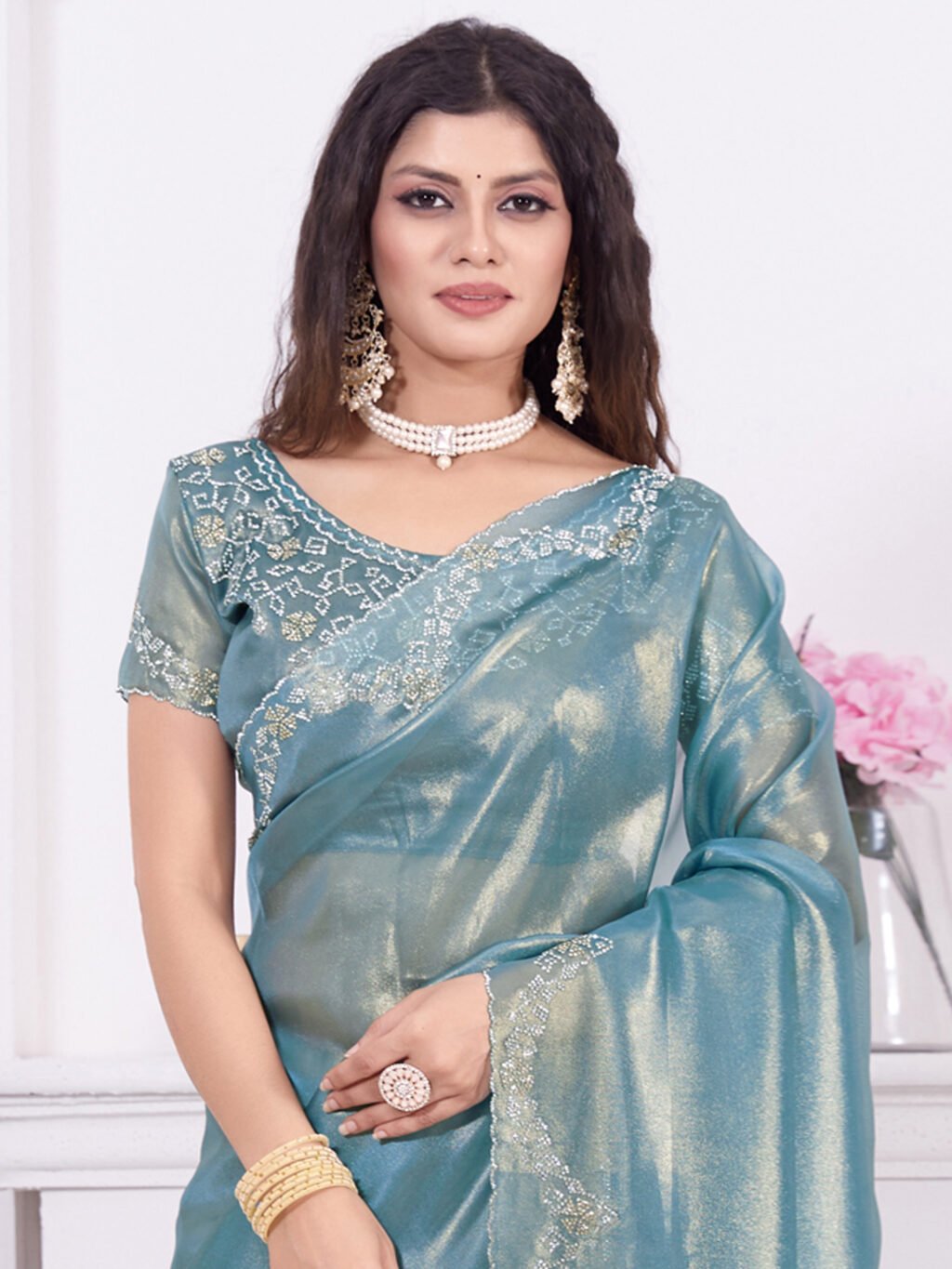 Ice Blue Partywear Organza Saree - Image 3
