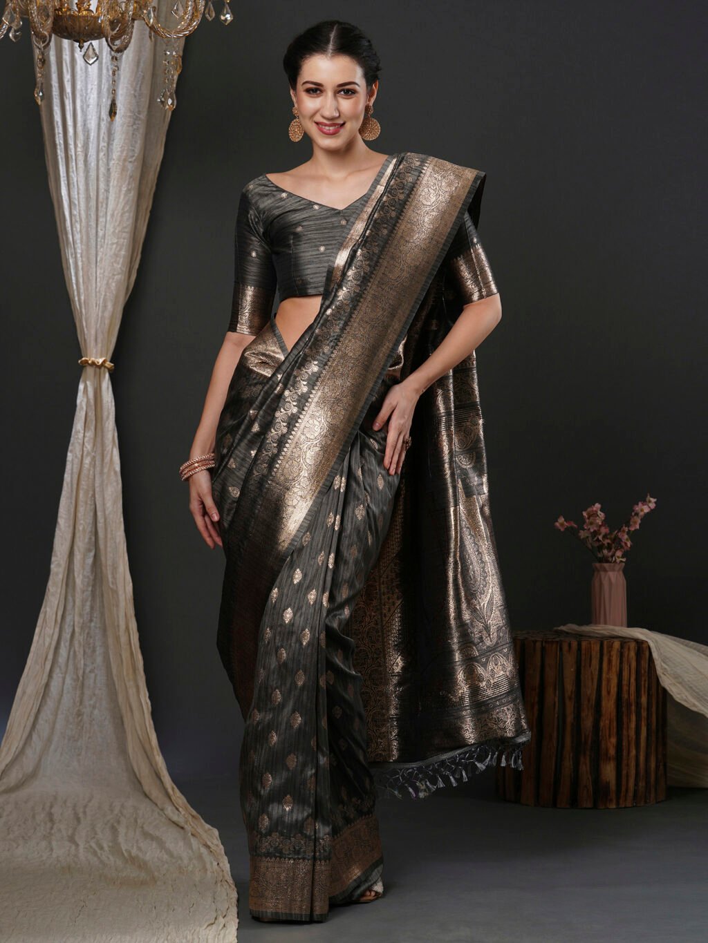 Image of Grey Silk Saree