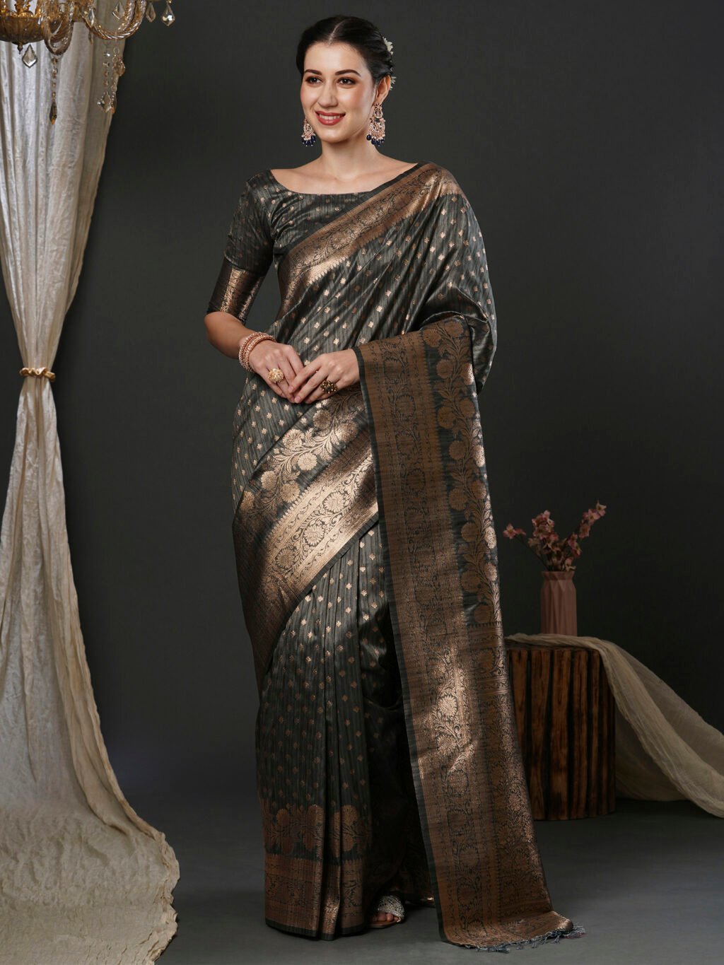 Image of Grey Silk Saree