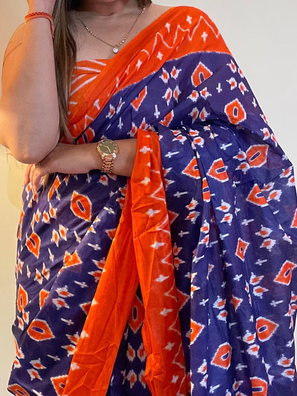 Orange Deep Blue Printed Branded Cotton Saree - Image 3