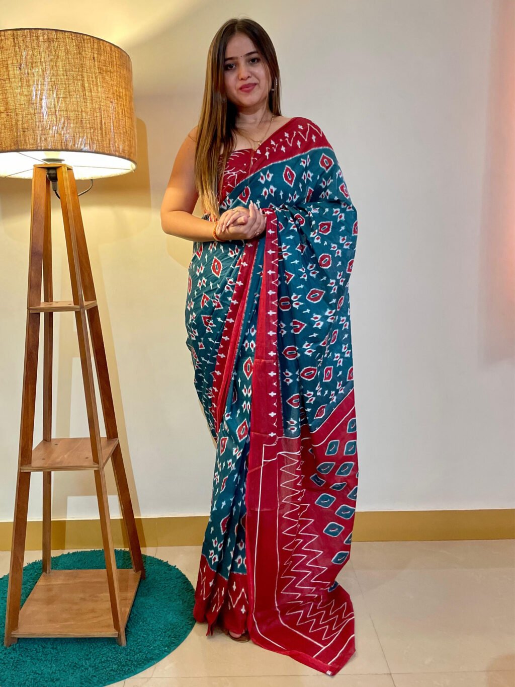 Image of Teal Blue Chiffon Saree Cotton Saree
