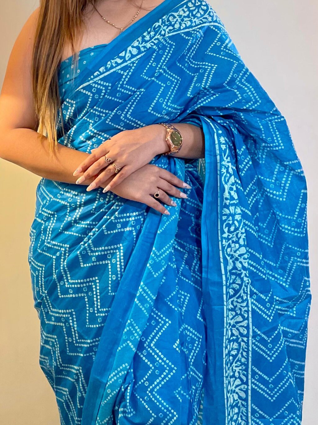 Ocean Blue Printed Branded Cotton Saree - Image 3