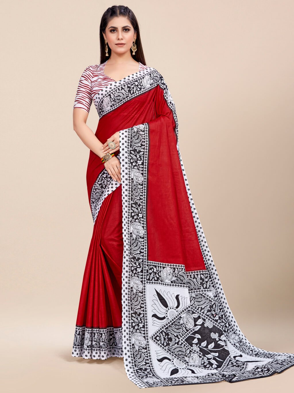Image of Red Chiffon Saree Cotton Saree