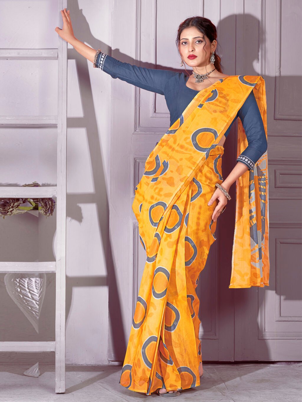 Image of Yellow Cotton Saree