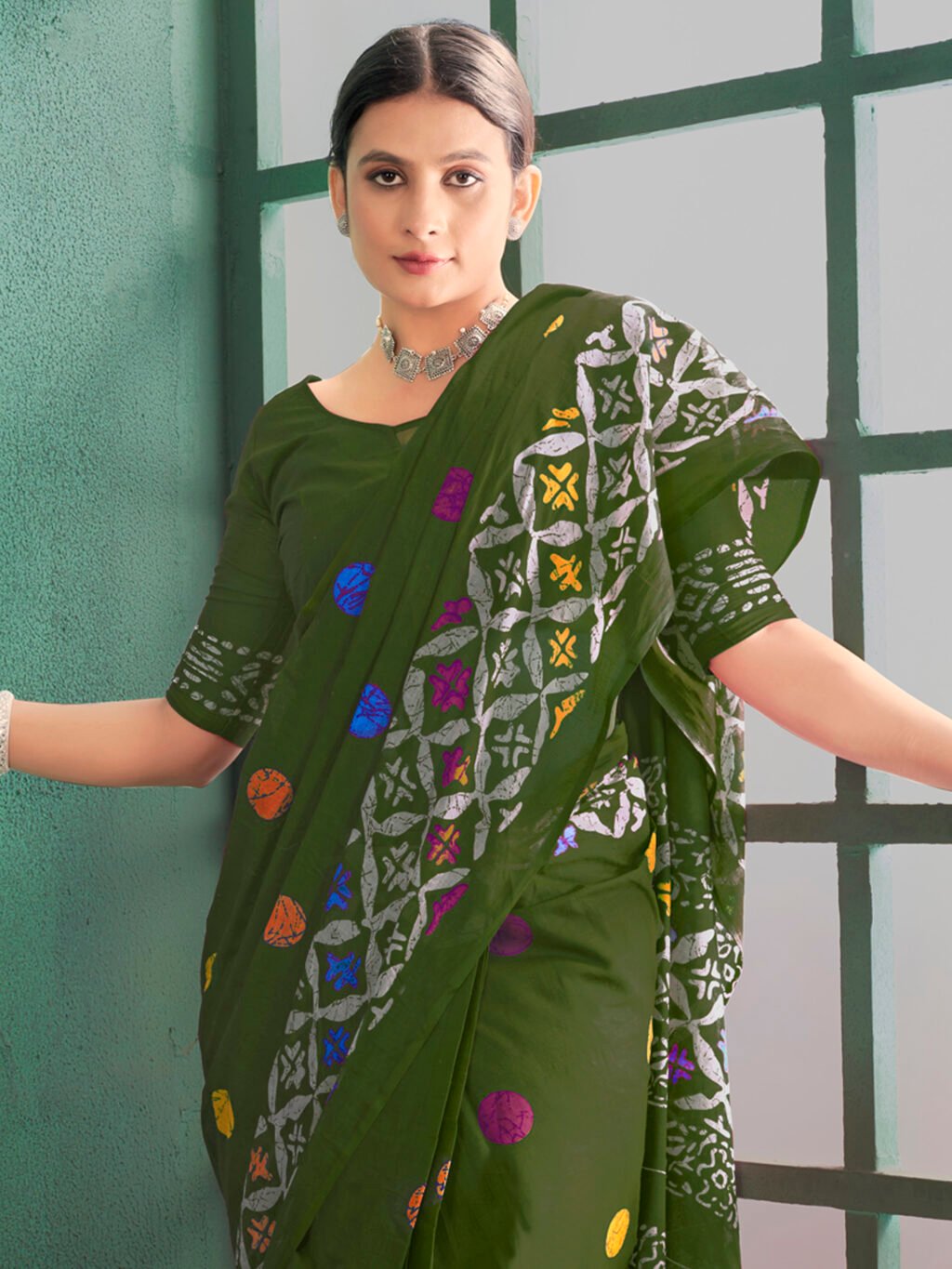 Olive Cotton Saree - Image 3